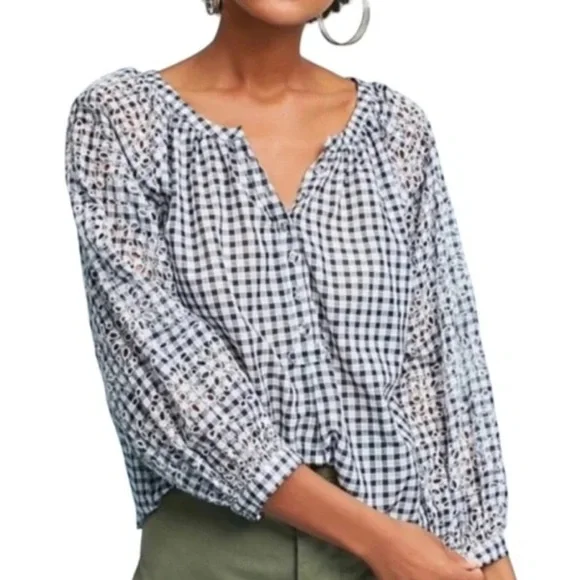 Anthropologie Akemi + Kin Presley Gingham Eyelet Blouse, Size XS - Picture 2 of 7